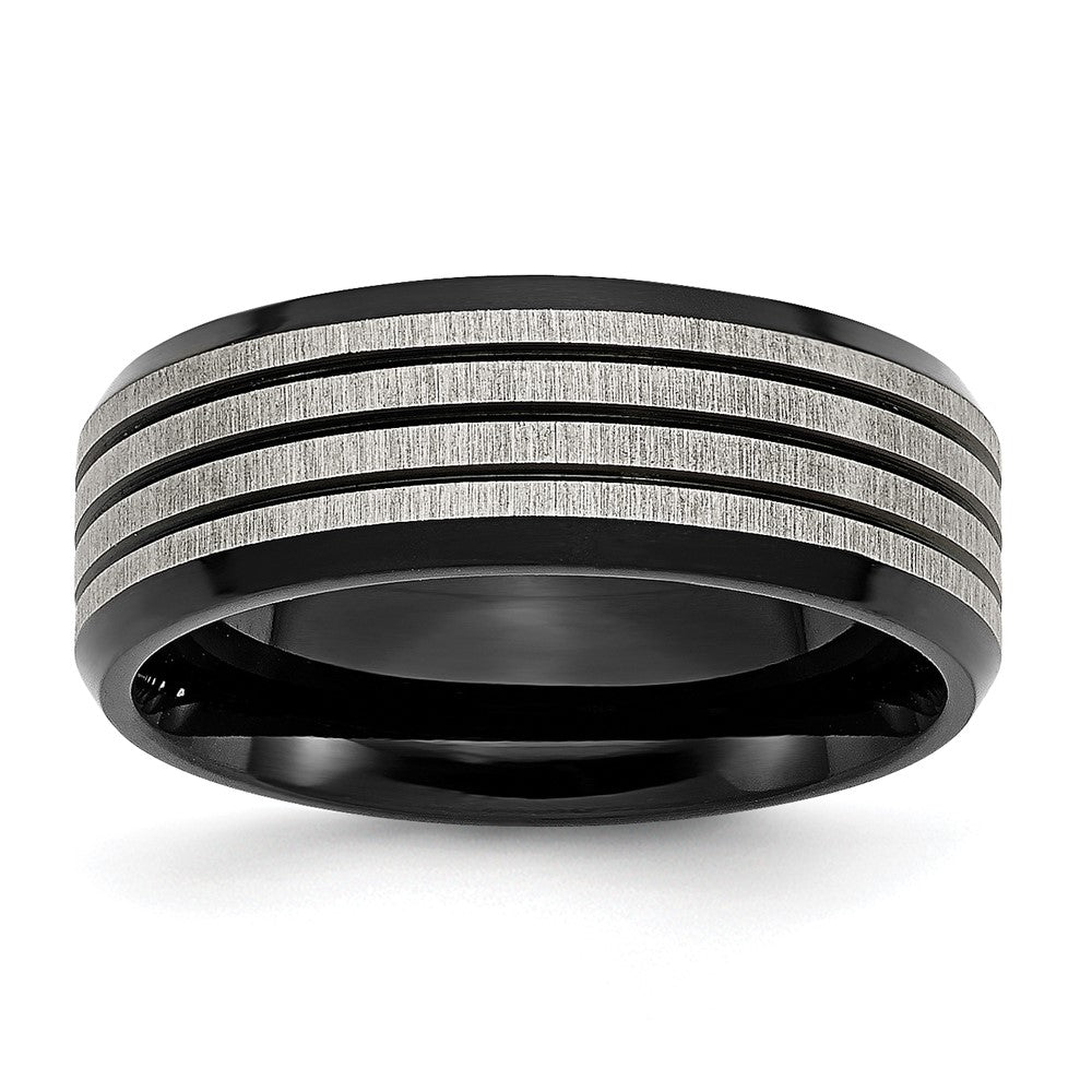 Stainless Steel Brushed/Polished Black IP-plated Striped 8mm Band Size - 12
