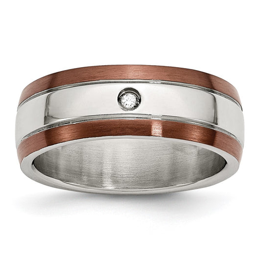 Chisel Stainless Steel Brushed/Polished Brown IP-plated Edge 1/20 carat Diamond 8mm Band