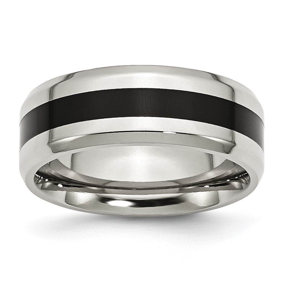 Stainless Steel Polished Black Enamel 8mm Beveled Edge Band Size - 9.5