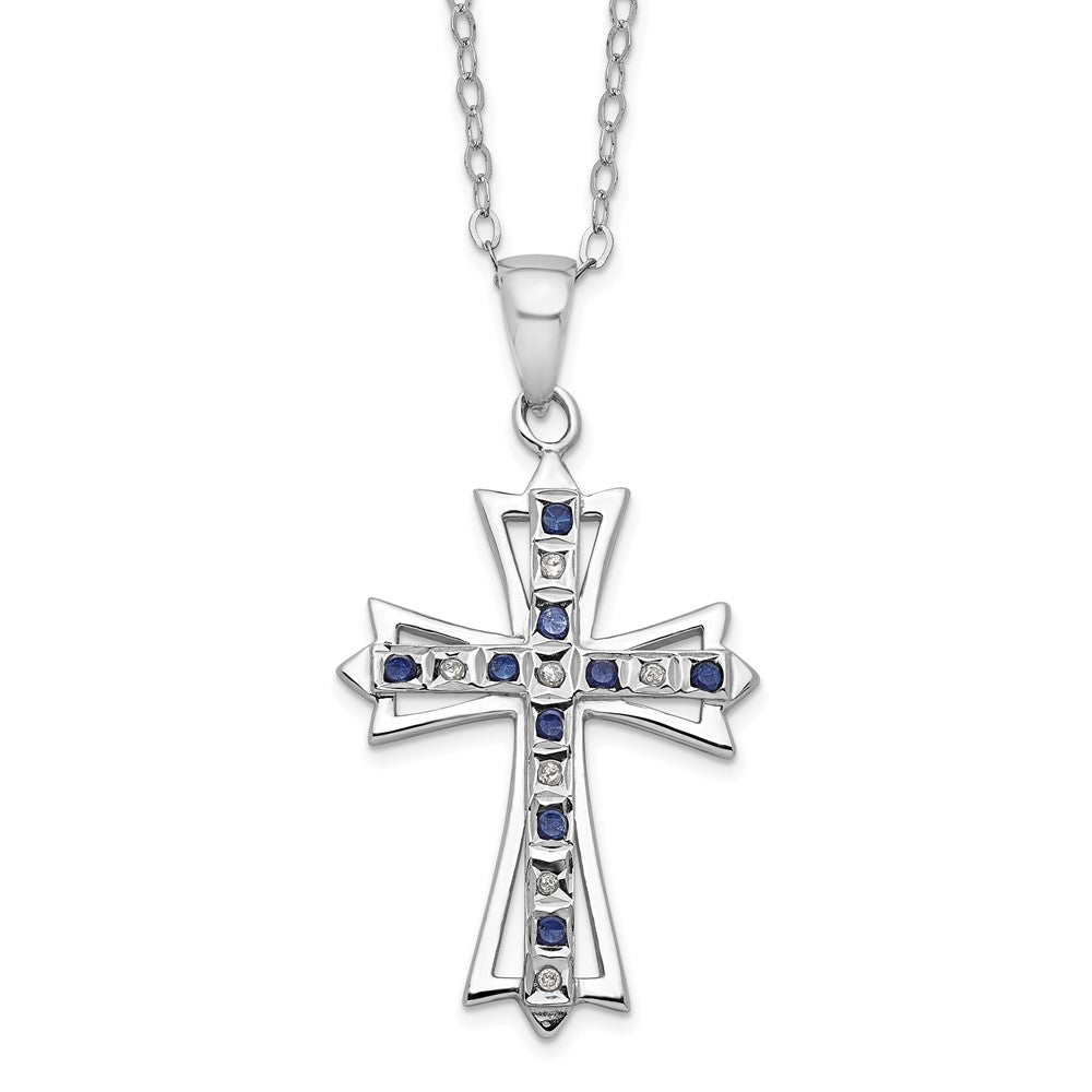 Diamond Fascination Diamond Mystique Sterling Silver Platinum-plated Diamond and Sapphire Cross 18 Inch Necklace 18 Inches