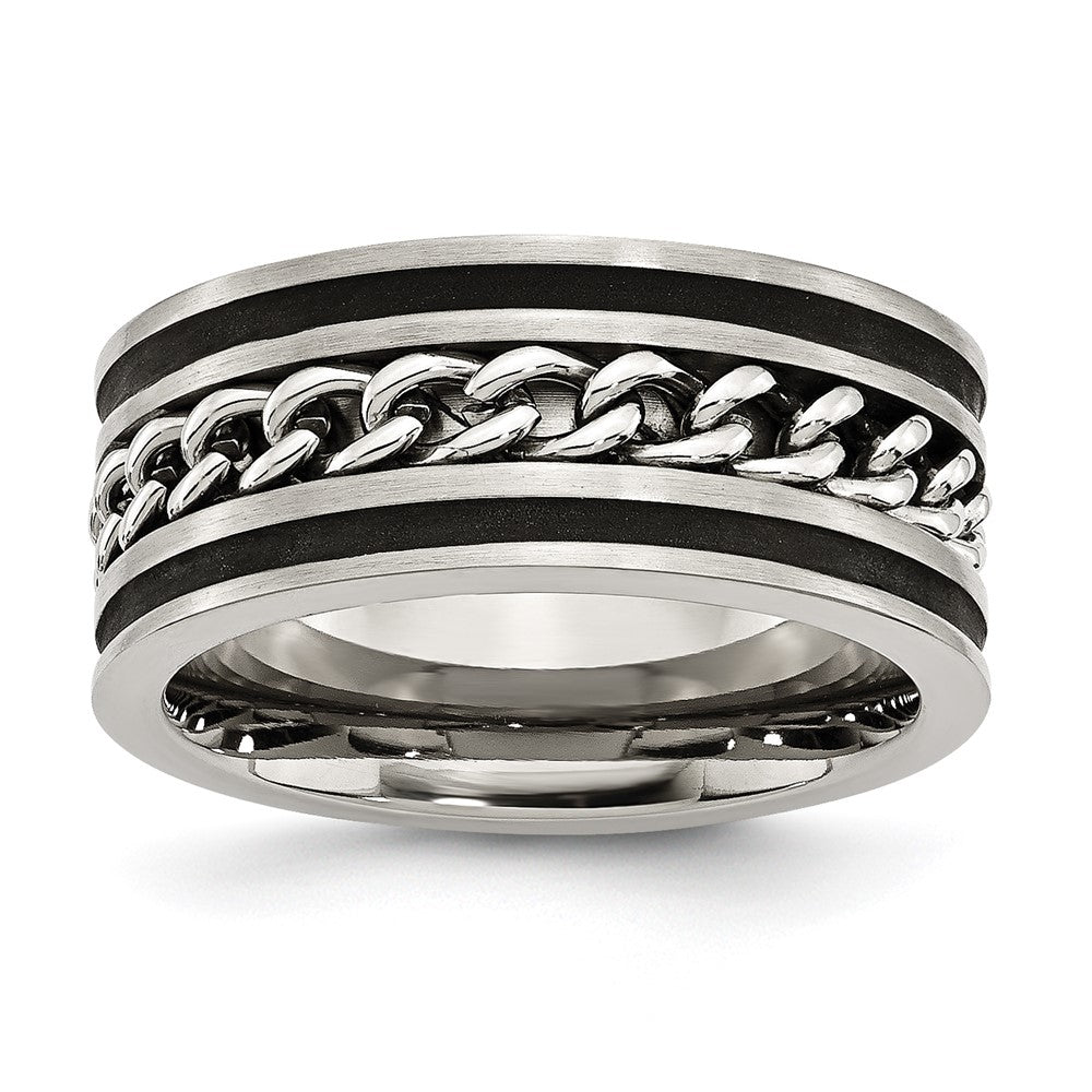 Stainless Steel Brushed & Polished Black IP-plated Chain Inlay 10mm Band Size - 9