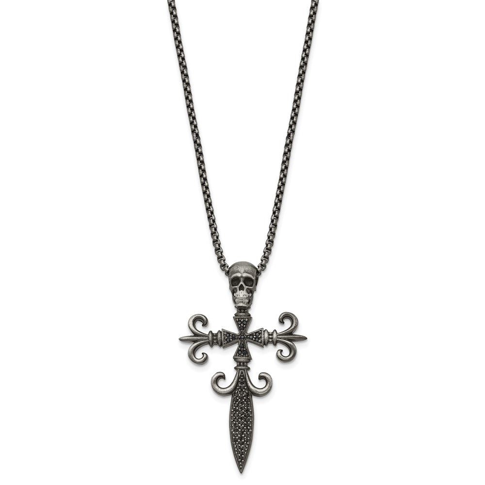 Stainless Steel Antique White Bronze-plated CZ Cross/Skull Necklace
