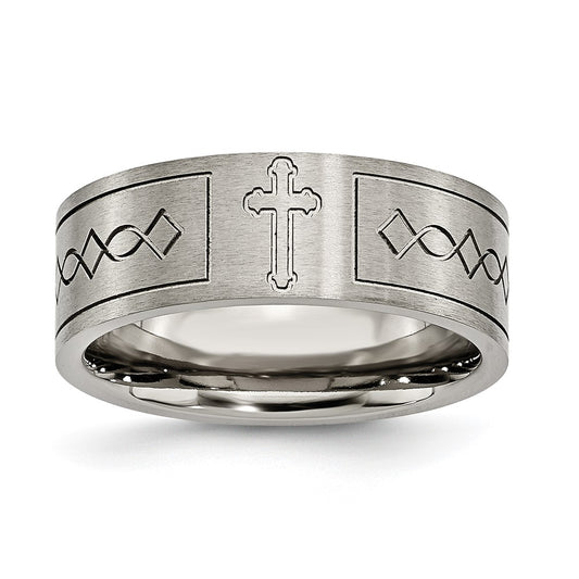 Titanium Brushed Cross Design 8mm Flat Band Size - 13