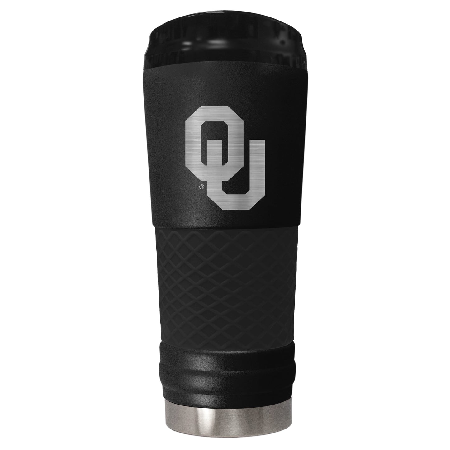 Oklahoma 24 ounce vacuum insulated stainless steel tumbler in black powder coat and laser etched team logo