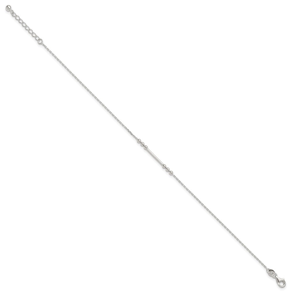 Sterling Silver Polished Beads and Bar 9 inch with 1 inch Extension Anklet