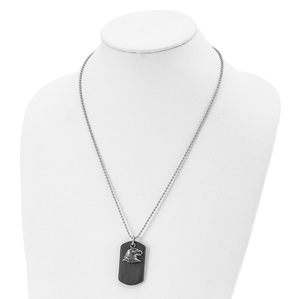 Stainless Steel Polished and Antiqued Eagle Leather Dog Tag 22in Necklace