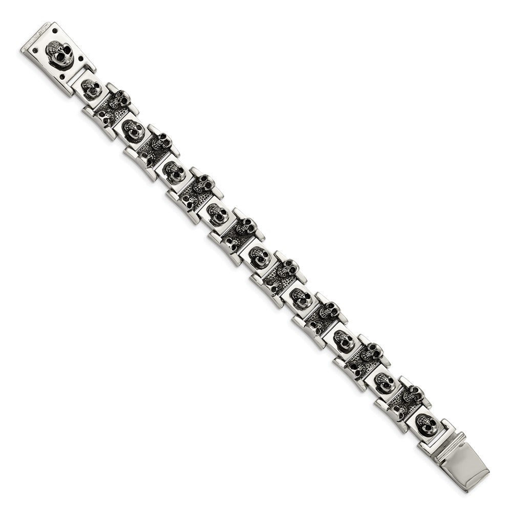 Stainless Steel Antiqued and Polished Skulls 8.25in Bracelet 8 inches