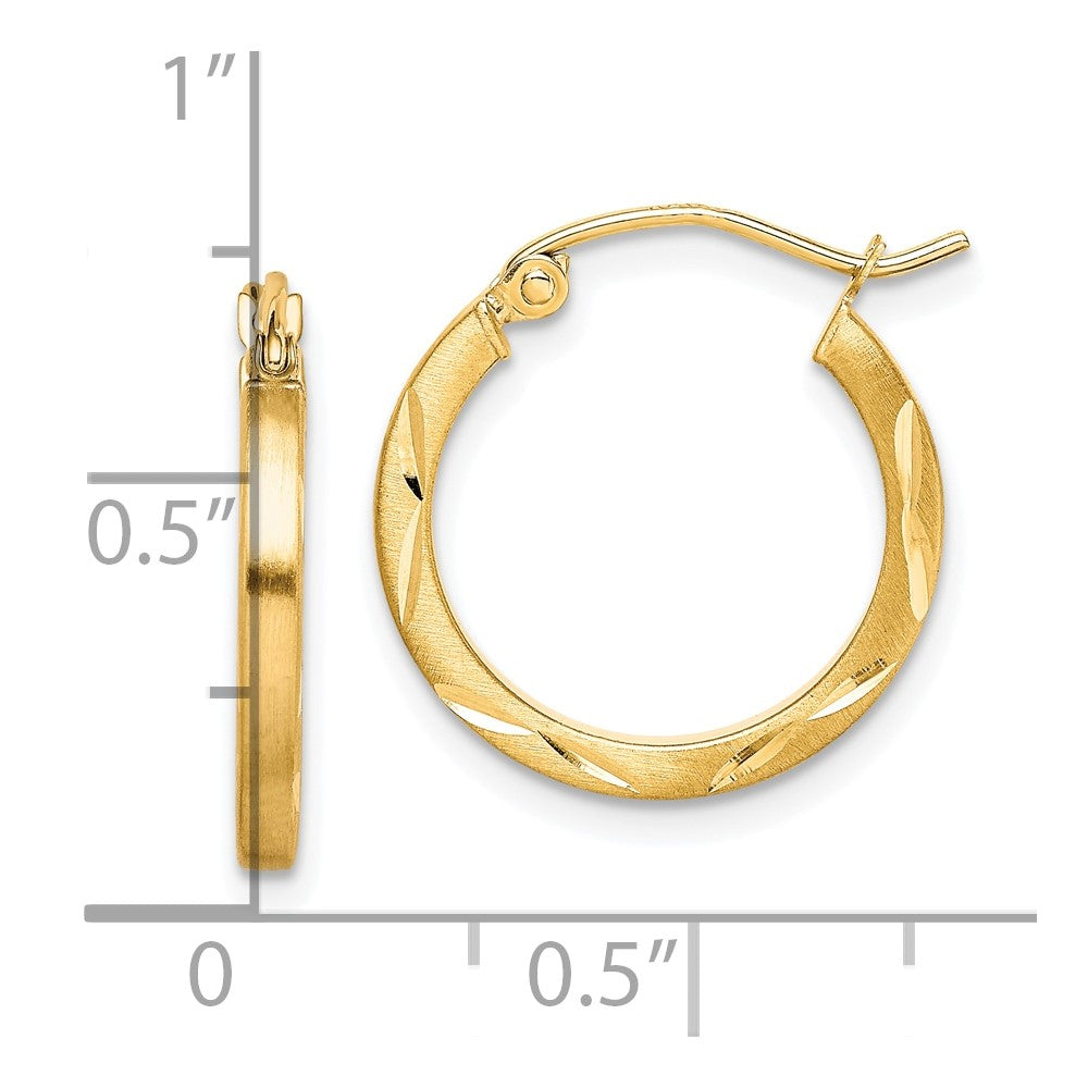 10K Satin Diamond Cut 2x20mm Hoop Earrings