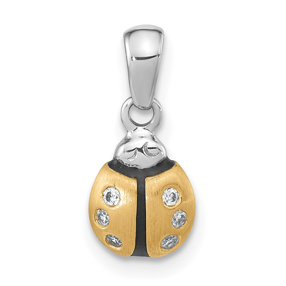 Sterling Silver RH-plate Gold-plated CZ Enameled Brushed Lady Bug Pendant
