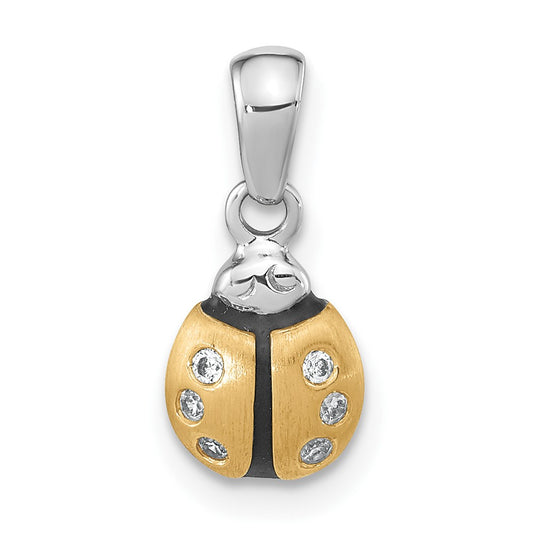 Sterling Silver RH-plate Gold-plated CZ Enameled Brushed Lady Bug Pendant