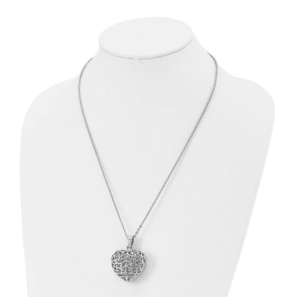 Stainless Steel Polished Filigree Puffed Heart 22in Necklace