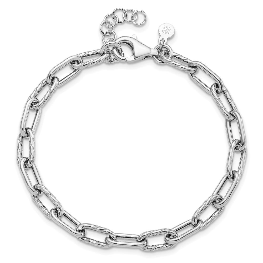 Sterling Silver RH-pl Polish/Texture Link w/1in ext. Bracelet 8  inches