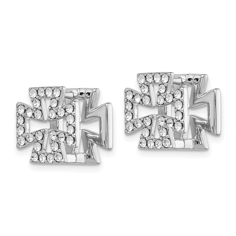 Sterling Silver RH-plated Blk Enamel Cross Crystal Hinged Earrings
