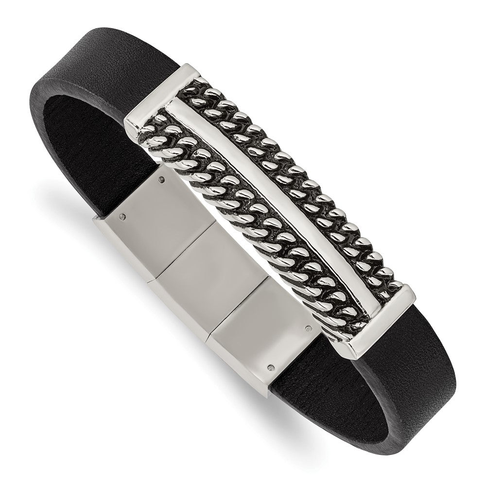 Stainless Steel Antiqued & Polished Black Leather w/.5in ext 8in Bracelet 8 inches