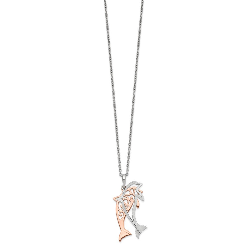 Sterling Silver Rose-tone Diamond-cut Dolphin w/ 2in ext. Necklace 16 Inches
