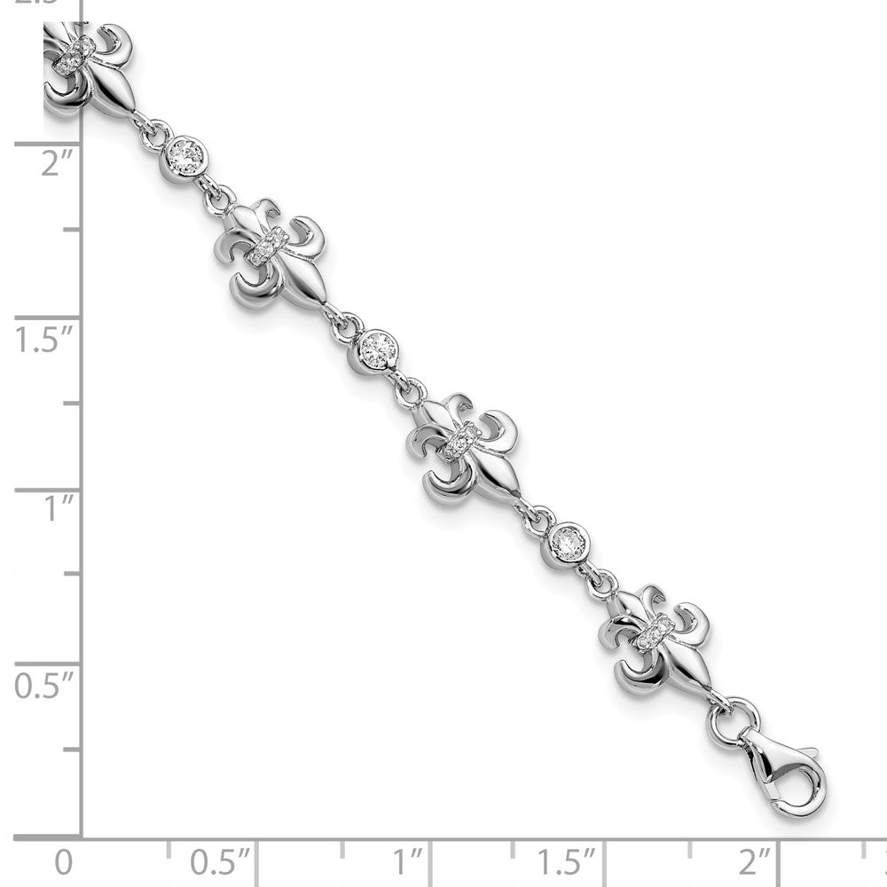 Sterling Silver Rhodium-plated CZ Fleur de Lis w/ 1in ext. Bracelet 8 inches
