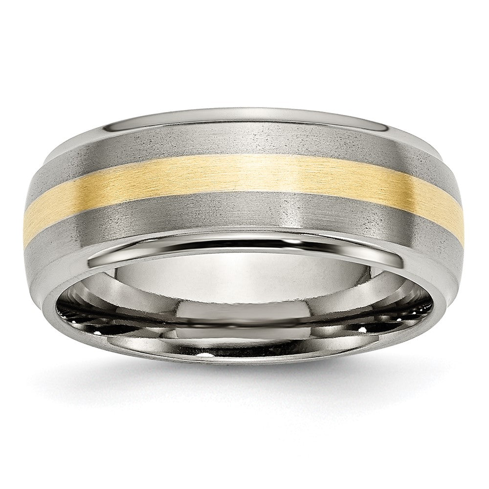 Titanium Brushed Center w/14k Yellow Inlay 8mm Ridged Edge Band Size - 13