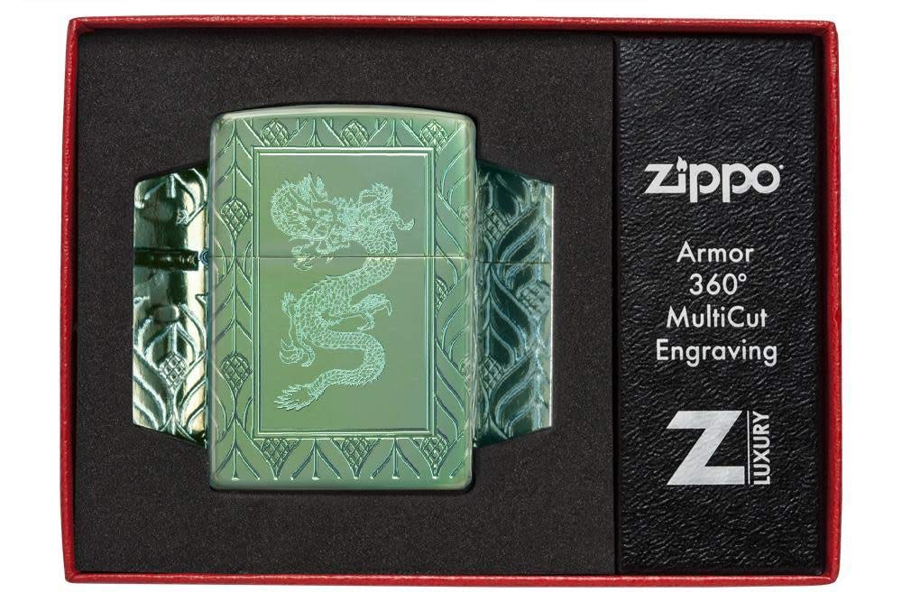 Zippo Armor High Polish Green Elegant Dragon Pocket Lighter