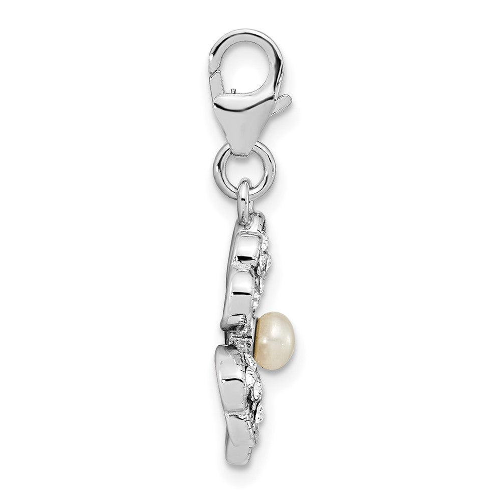 Amore La Vita Sterling Silver Rhodium-plated Polished Freshwater Cultured Pearl and Crystal Clover Charm with Fancy Lobster Clasp