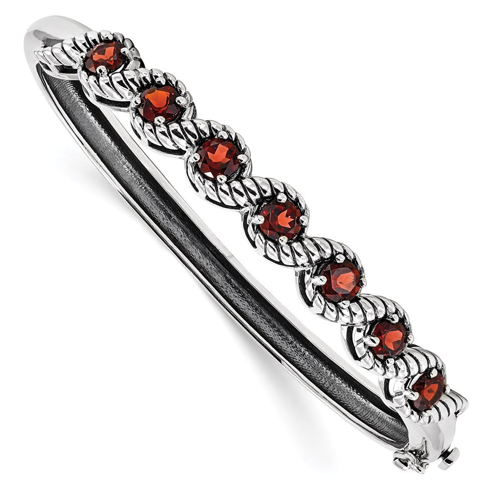 Sterling Silver Rhodium-plated Garnet Hinged Bangle 7.25 inches
