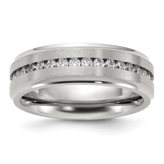 Chisel Titanium Polished with Brushed Center and CZ 7mm Band Size - 13.5
