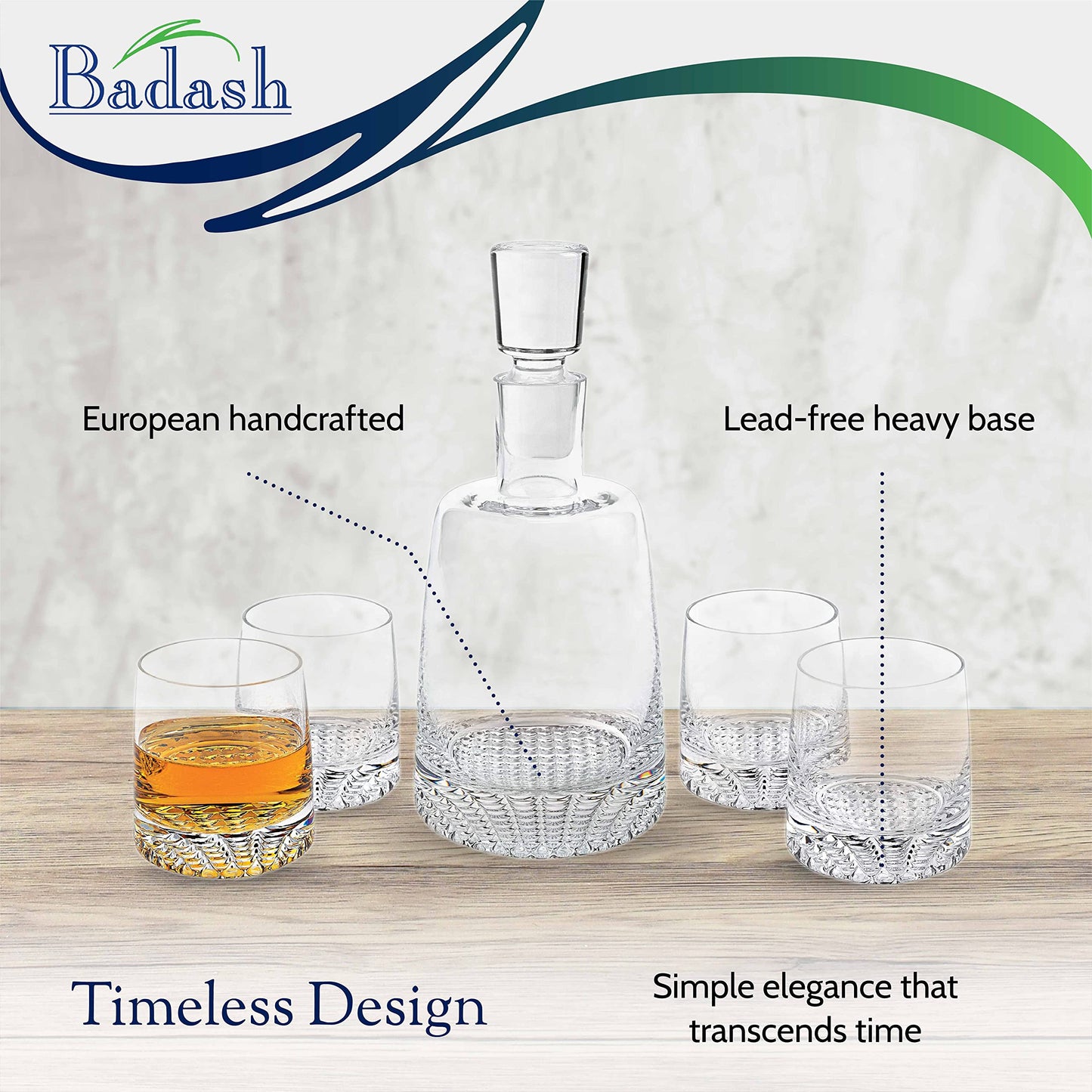 Badash Crystal Park Avenue European Mouth Blown 5 Piece Decanter & Rock Glasses Set (K830)