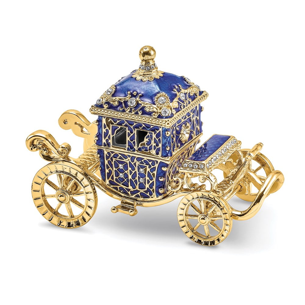 Luxury Giftware Pewter Bejeweled Crystals Gold-tone Enameled ROYAL BLUE Carriage w/Ring Pad Trinket Box with Matching 18 Inch Necklace Q-BJ4079