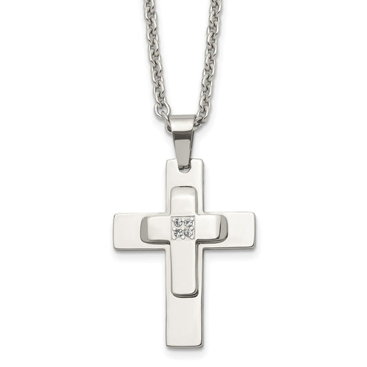 Stainless Steel Polished w/CZ Cross 22in Necklace