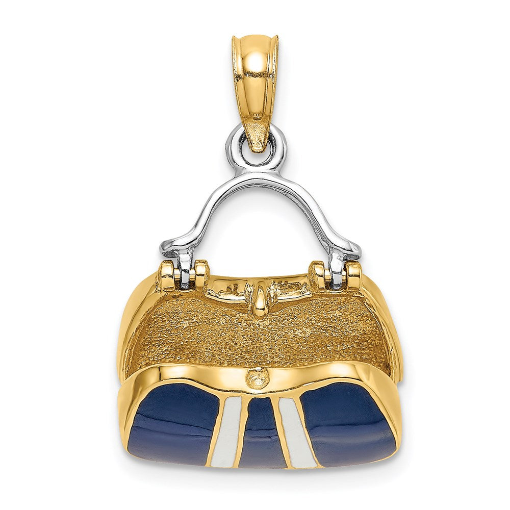 14K & Rhodium 3-D Navy Enameled Handbag Opens Charm