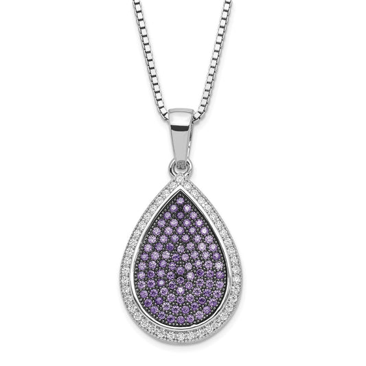 Sterling Silver Rhod-Plated Purple & Clear CZ Teardrop Necklace