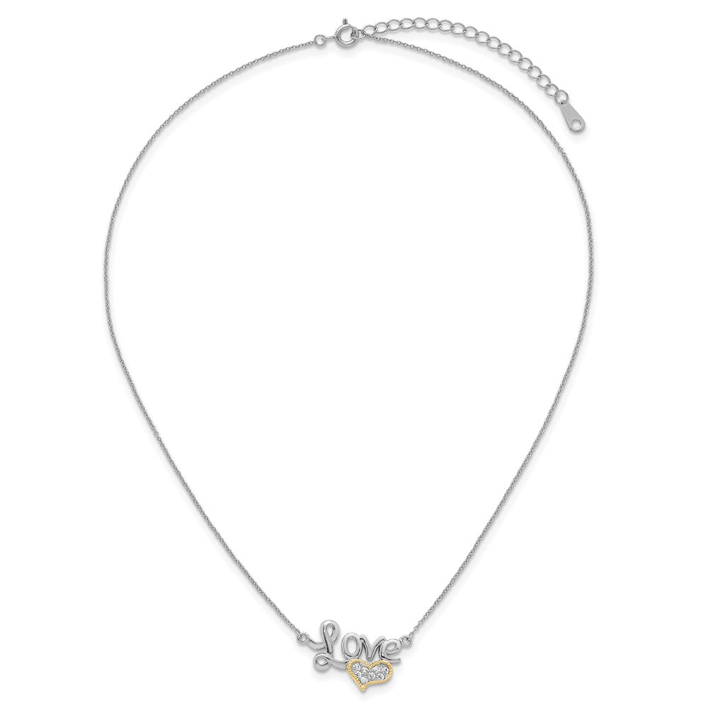 Sterling Silver Rhodium-plated with 14k Accent Polished CZ Love with Heart 16 inch with 2 inch Extension Necklace 16 Inches