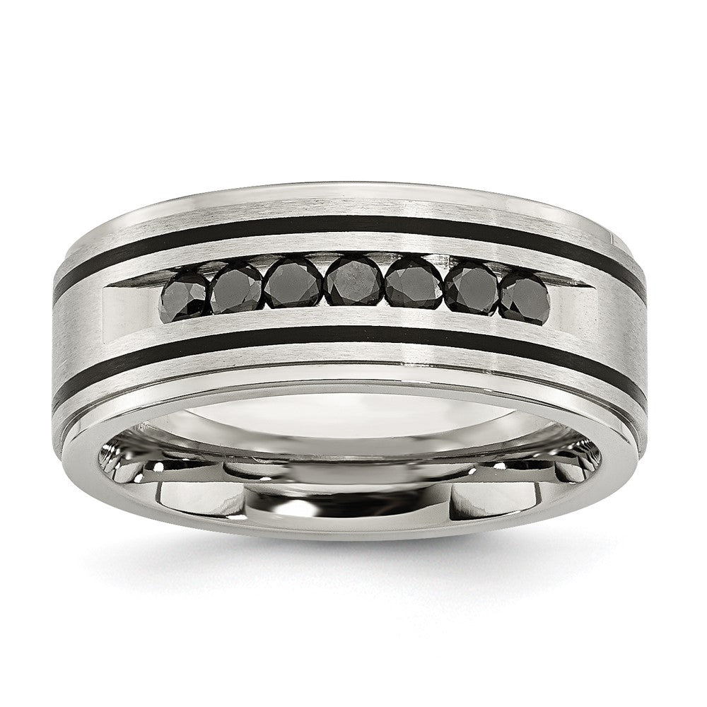 Stainless Steel Brushed/Polished Black IP 1/2ct Black Diamond 9mm Band Size - 9.5