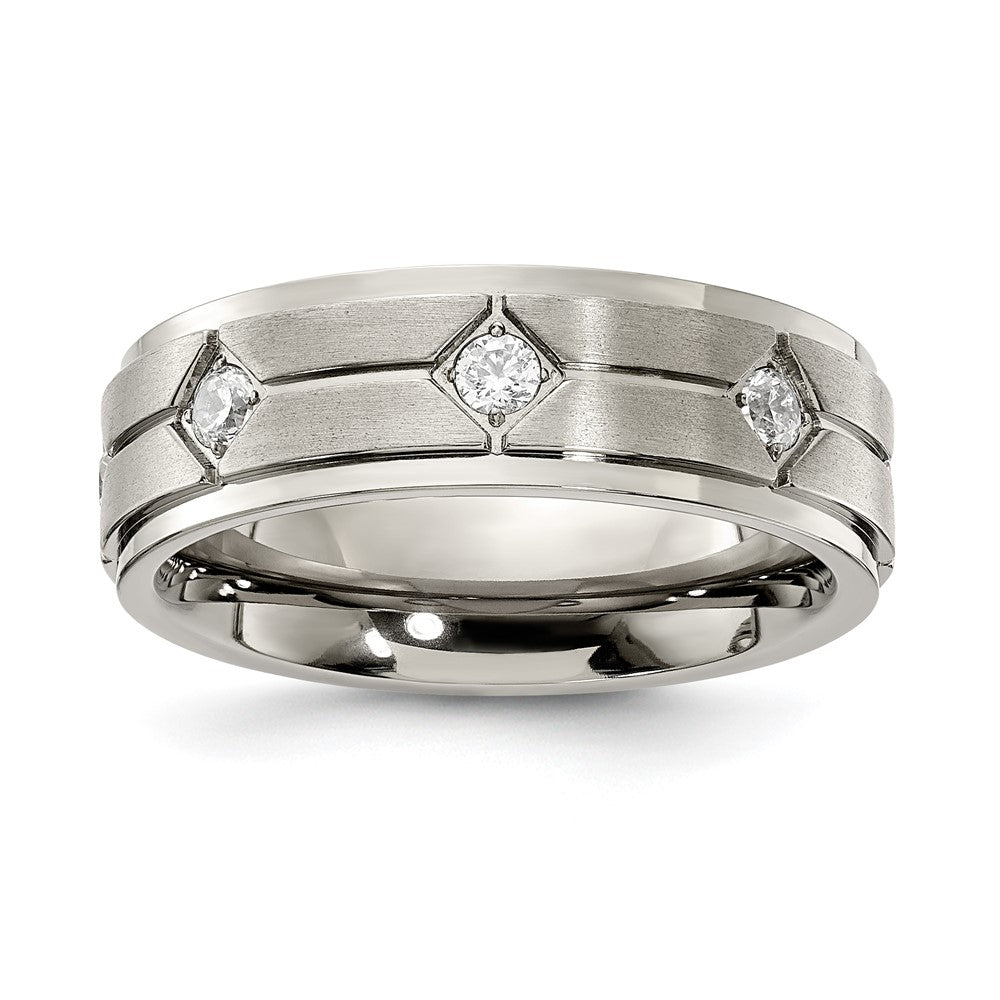 Stainless Steel Polished w/Brushed Center with CZ 7.00mm Band Size - 12.5