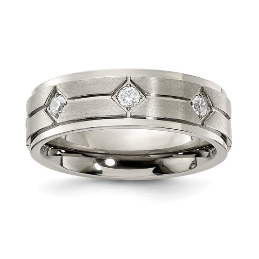 Stainless Steel Polished w/Brushed Center with CZ 7.00mm Band Size - 12.5