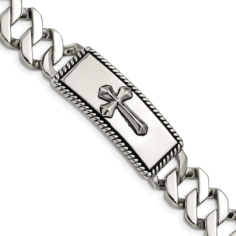 Stainless Steel Antiqued Polished and Textured 8.5in Cross Bracelet 8.5 inches