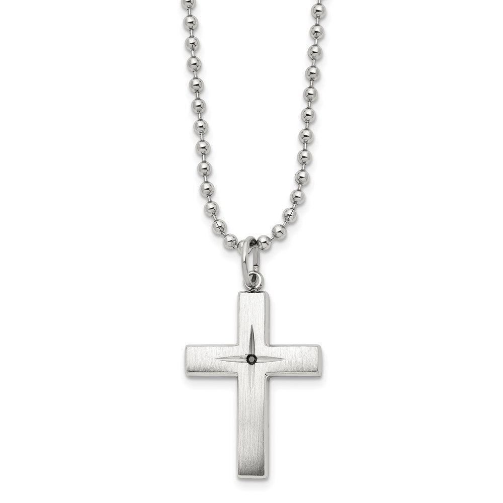 Stainless Steel Brushed & Polished 0.015ct Black Diamond Cross Necklace