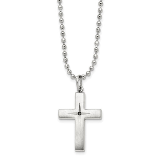 Stainless Steel Brushed & Polished 0.015ct Black Diamond Cross Necklace