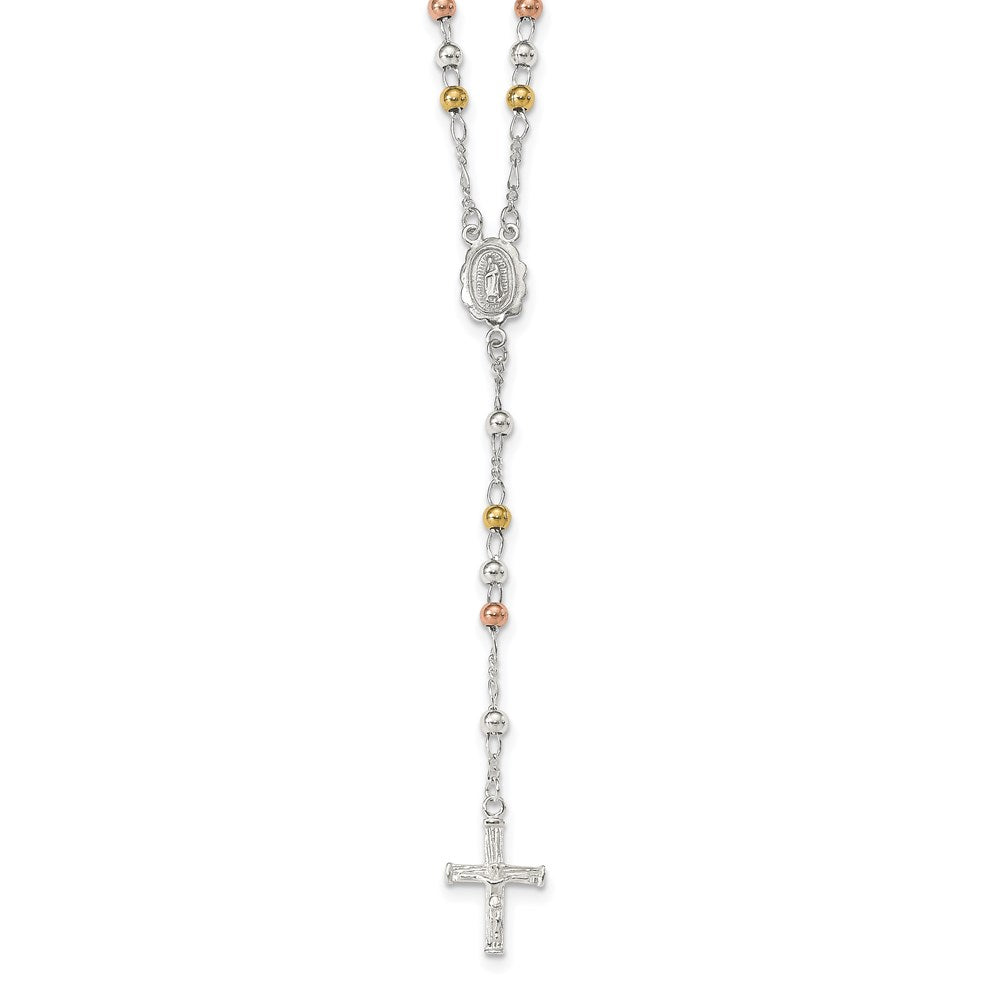 Sterling Silver Yellow & Rose Flash Gold-plated Rosary Necklace 24 Inches