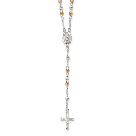 Sterling Silver Yellow & Rose Flash Gold-plated Rosary Necklace 24 Inches