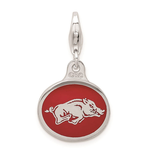 Amore La Vita Sterling Silver Rhodium-plated Polished Enameled University of Arkansas Charm with Fancy Lobster Clasp