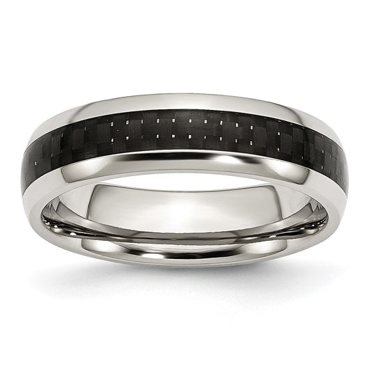 Stainless Steel Polished w/ Black Carbon Fiber Inlay 6mm Band Size - 7.5