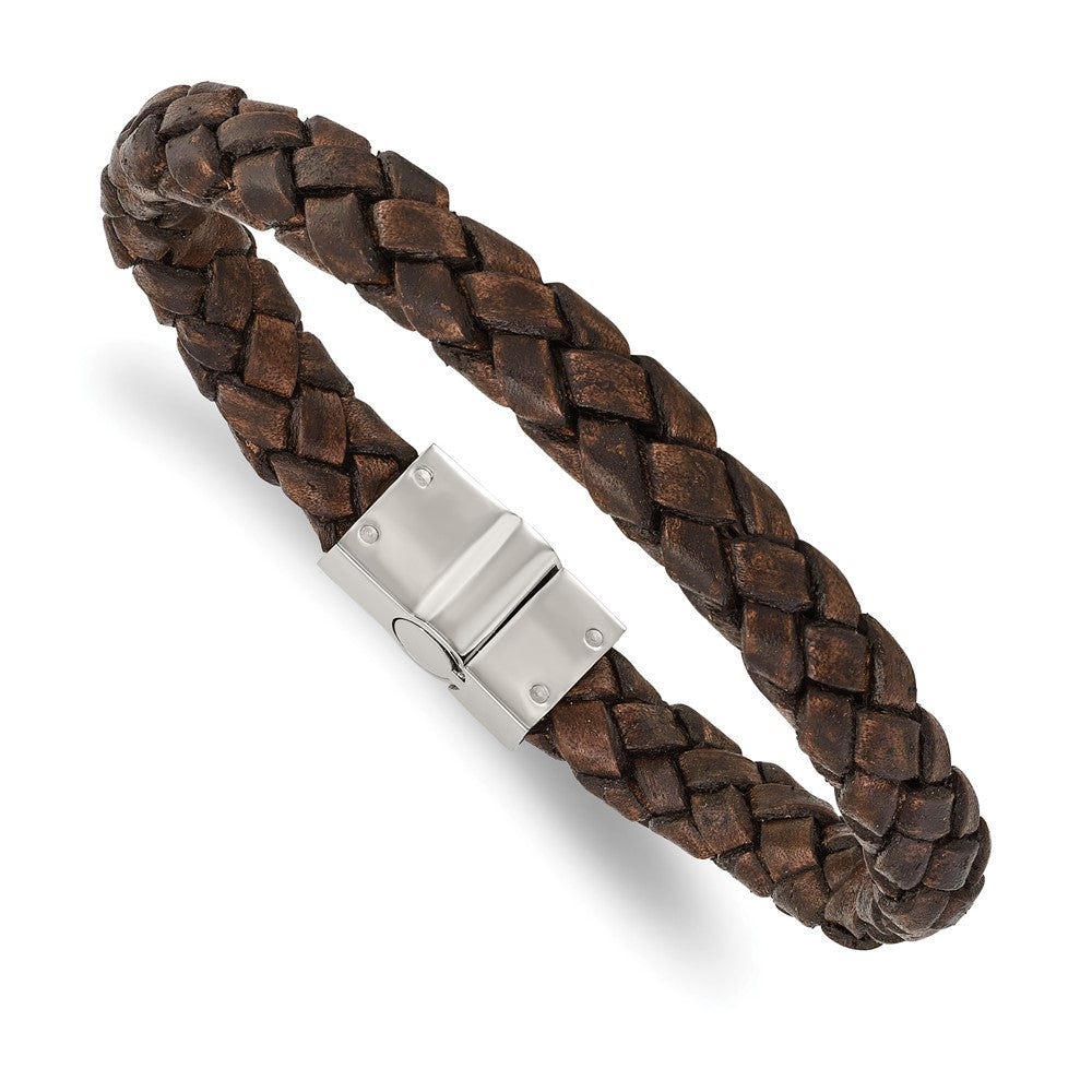 Stainless Steel Polished Brown Woven Leather 8.75in Bracelet 8.75 inches