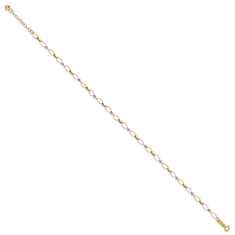 14k Two-tone Polished and Twisted Fancy Oval Links and Faceted Beads 9 inch Plus 1 inch Extension Anklet
