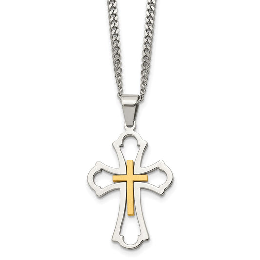 Stainless Steel Brushed & Polished Yellow IP-plated Cross Necklace