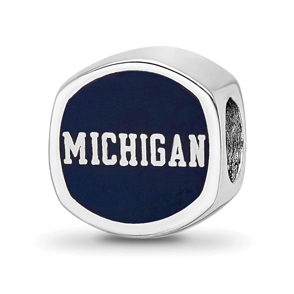Sterling Silver Rhodium Plated U of Michigan Enamel Cushion Bead Charm