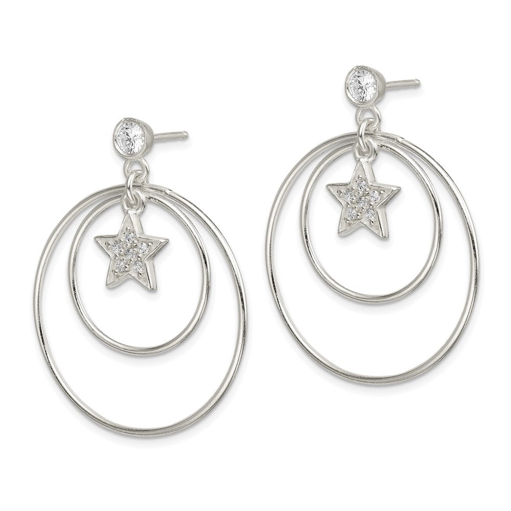 Sterling Silver Polished CZ Star Orbiting Circles Drop Post Earrings