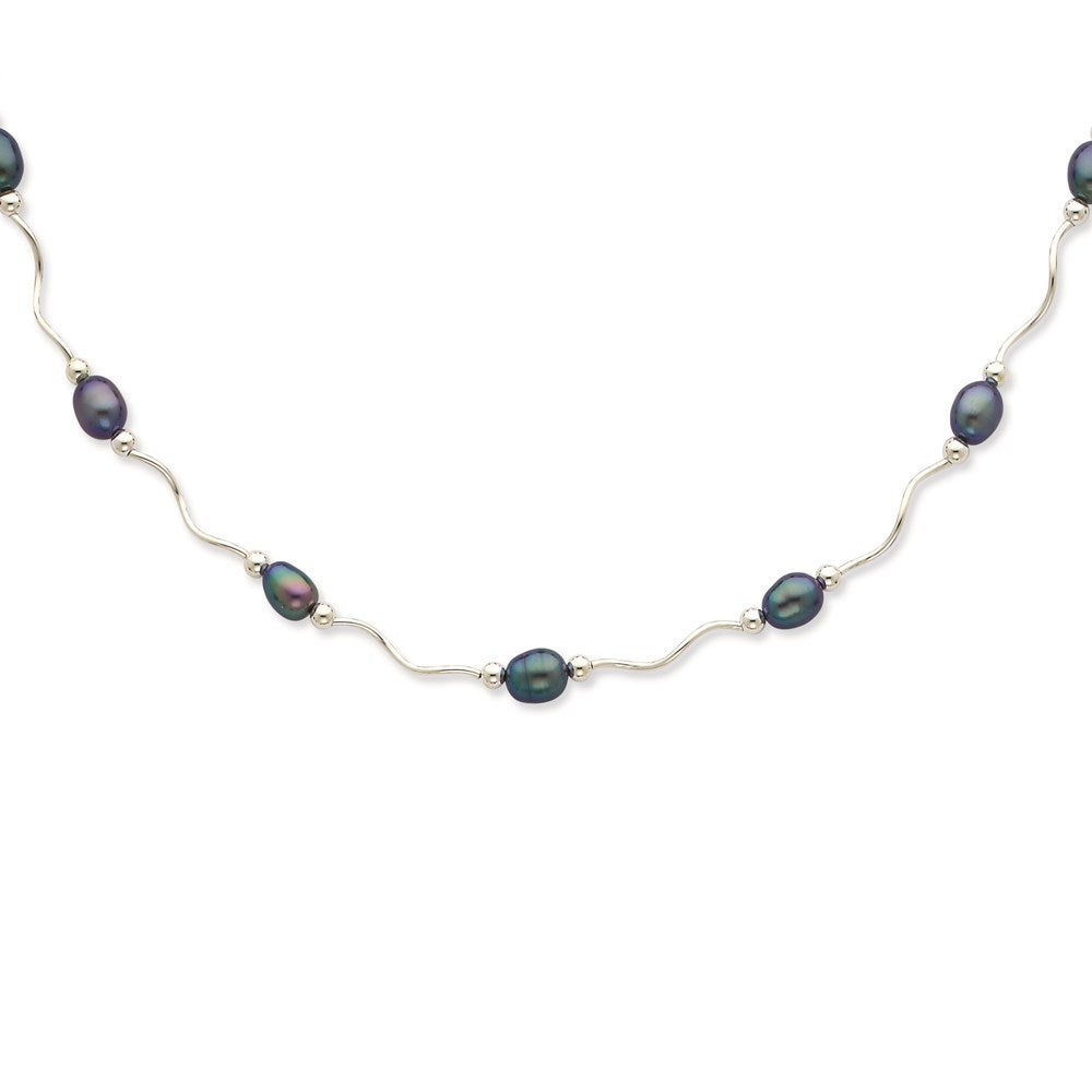 Sterling Silver Rhodium-plated 6-7mm Black Rice Freshwater Cultured Pearl 16-Station 18 inch Necklace 18 Inches