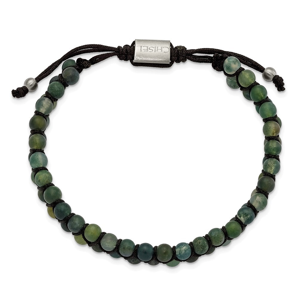 Stainless Steel Brushed Green Agate Adjustable Bracelet 9 inches