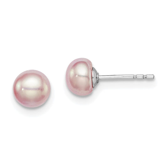 Sterling Silver Rhodium-plated 5-6mm Purple Button Freshwater Cultured Pearl Post Earrings