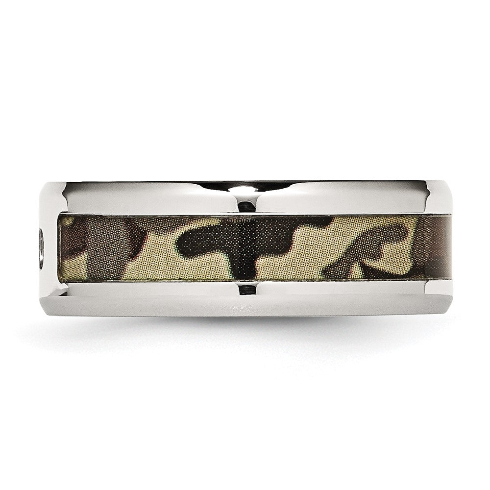 Stainless Steel Polished w/ CZ Printed Brown Camo Under Rubber Band Size - 10.5